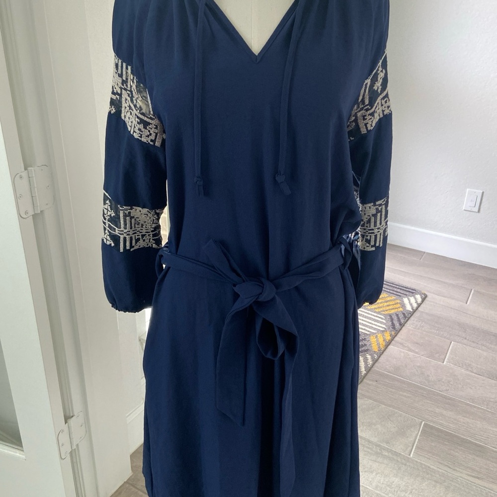 Octavia Boho Navy Blue Dress with Embroidered Sleeves and Waist Tie Size S